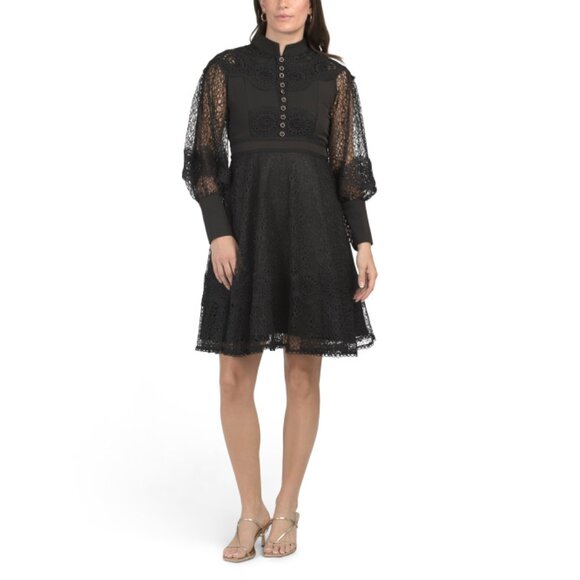DALIA MACPHEE Black Long Sleeve Lace Trim Dress - Picture 1 of 2